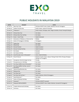Public Holidays in Malaysia 2019