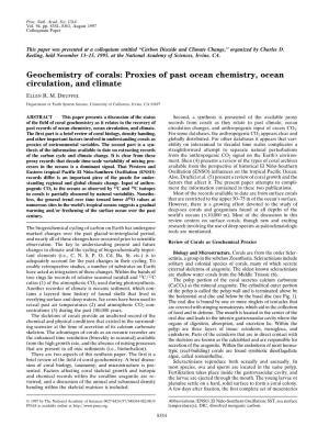 Geochemistry of Corals: Proxies of Past Ocean Chemistry, Ocean Circulation, and Climate