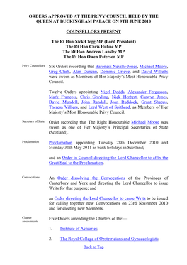 Orders Approved at the Privy Council Held by the Queen at Buckingham Palace on 9Th June 2010