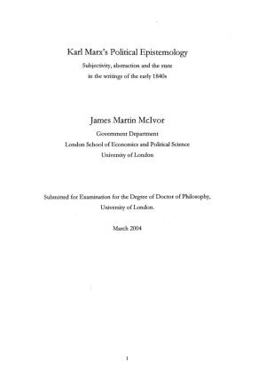 Karl Marx's Political Epistemology James Martin Mclvor