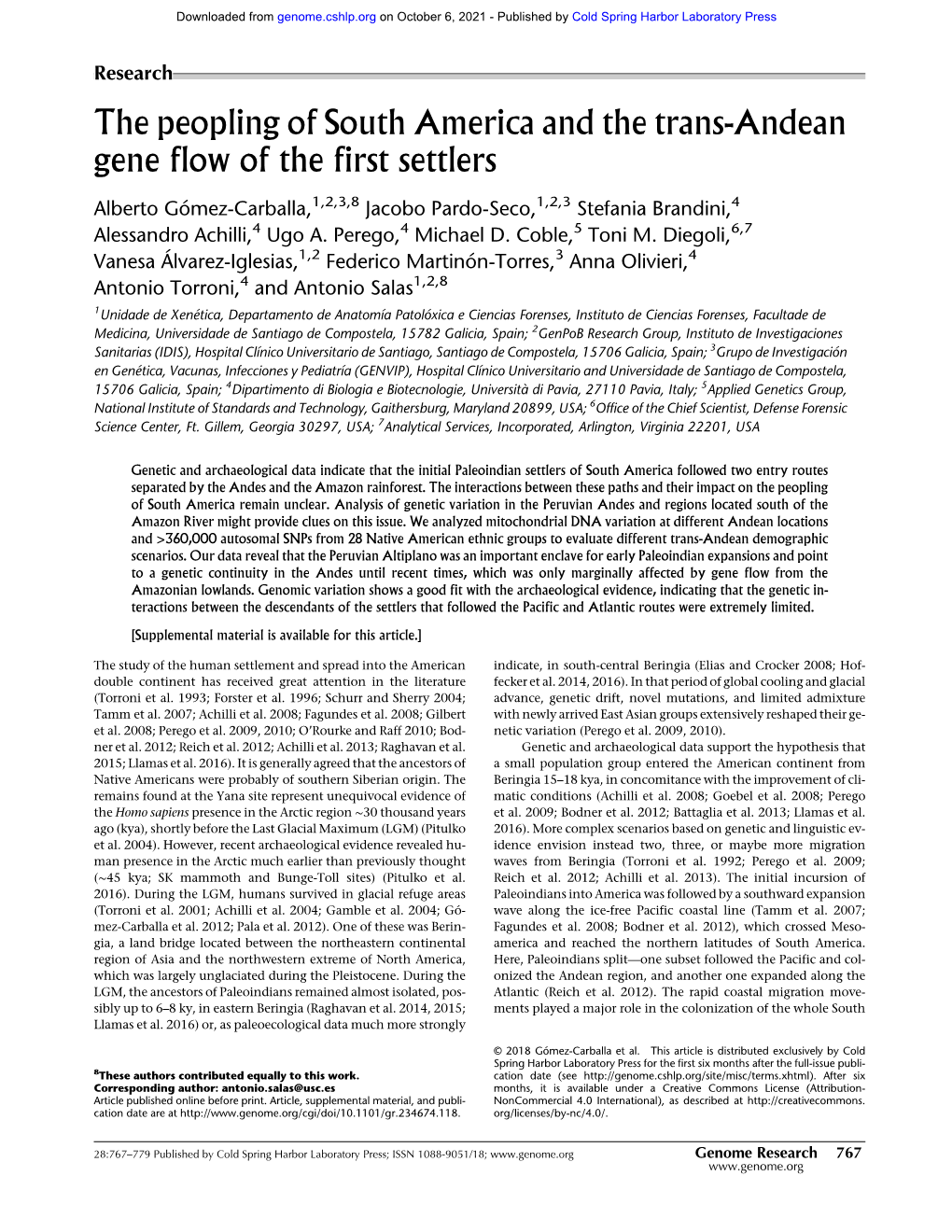 The Peopling of South America and the Trans-Andean Gene Flow of the First Settlers