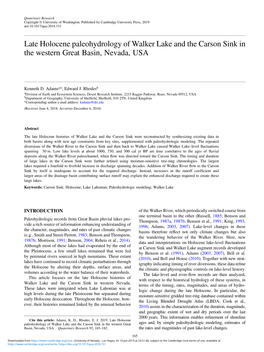 Late Holocene Paleohydrology of Walker Lake and the Carson Sink in the Western Great Basin, Nevada, USA