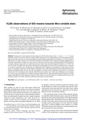 VLBA Observations of Sio Masers Towards Mira Variable Stars