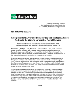 Enterprise Rent-A-Car and Europcar Expand Strategic Alliance to Create the World’S Largest Car Rental Network