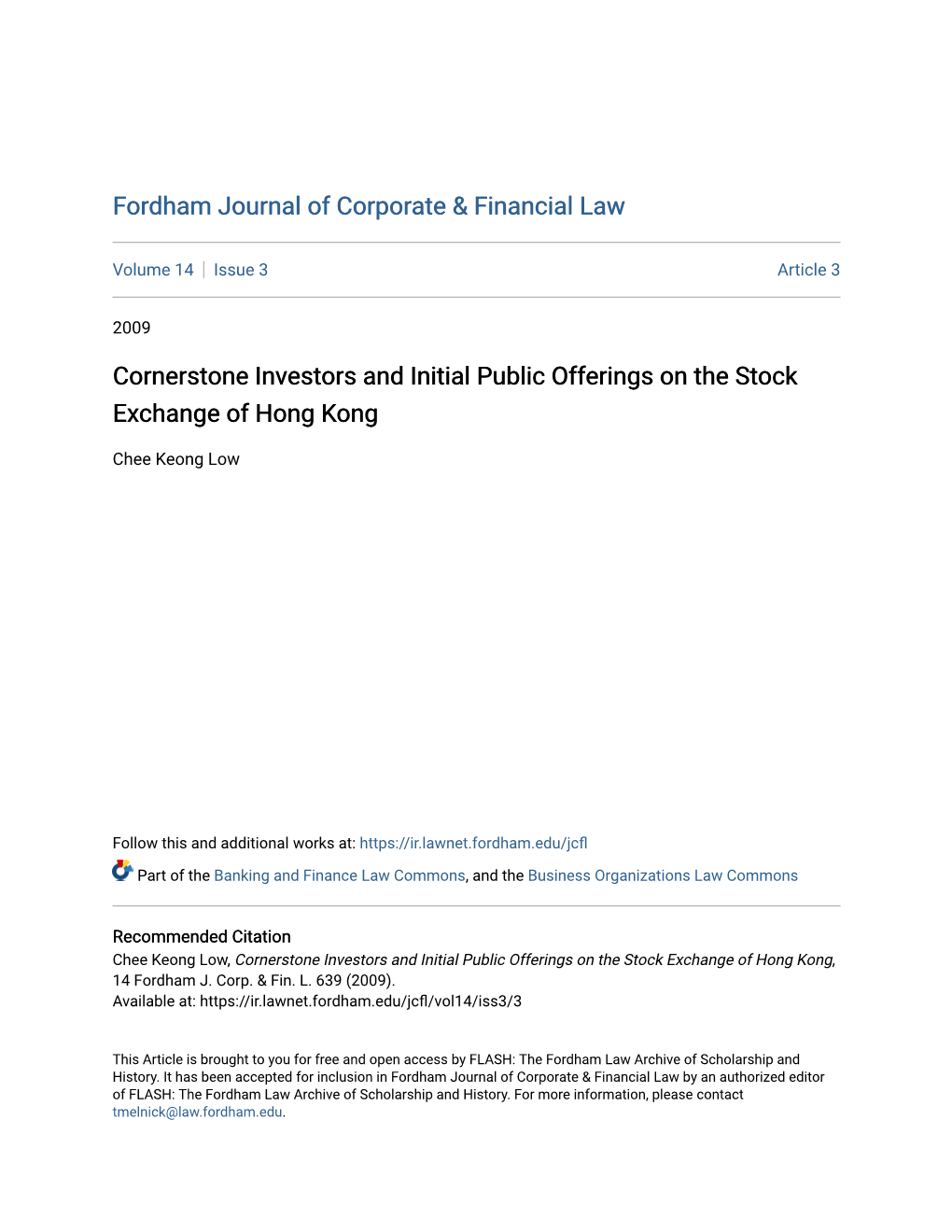 Cornerstone Investors and Initial Public Offerings on the Stock Exchange of Hong Kong