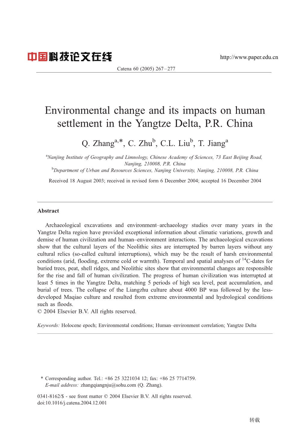 Environmental Change and Its Impacts on Human Settlement in the Yangtze Delta, P.R