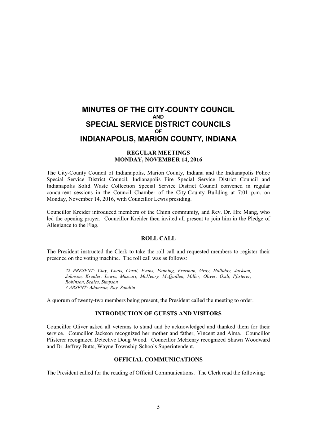 Minutes of the City-County Council Special Service
