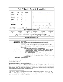 Polity IV Country Report 2010: Mauritius