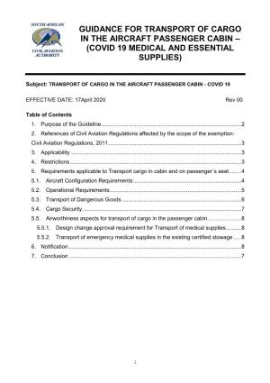 Guidance for Transport of Cargo in the Aircraft Passenger Cabin – (Covid 19 Medical and Essential