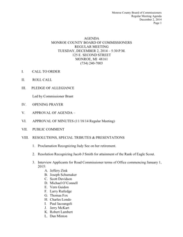 Agenda Monroe County Board of Commissioners Regular Meeting Tuesday, December 2, 2014 – 5:30 P.M