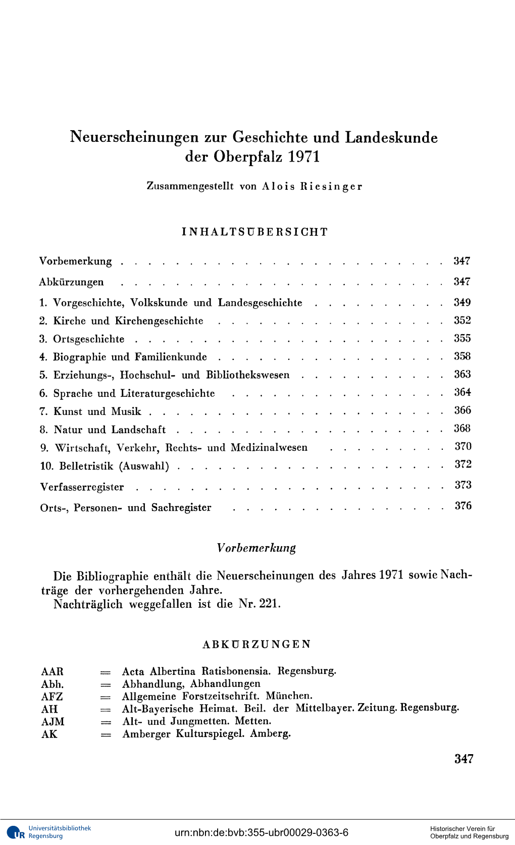 Neuerscheinungen Zur Geschichte Und Landeskunde Der Oberpfalz 1971