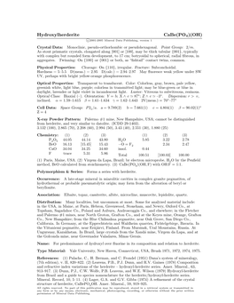 Hydroxylherderite Cabe(PO4)(OH) C 2001-2005 Mineral Data Publishing, Version 1 Crystal Data: Monoclinic, Pseudo-Orthorhombic Or Pseudohexagonal