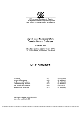 Migration and Transnationalism: Final List of Participants