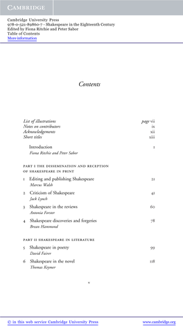 Shakespeare in the Eighteenth Century Edited by Fiona Ritchie and Peter Sabor Table of Contents More Information