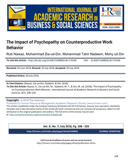The Impact of Psychopathy on Counterproductive Work Behavior