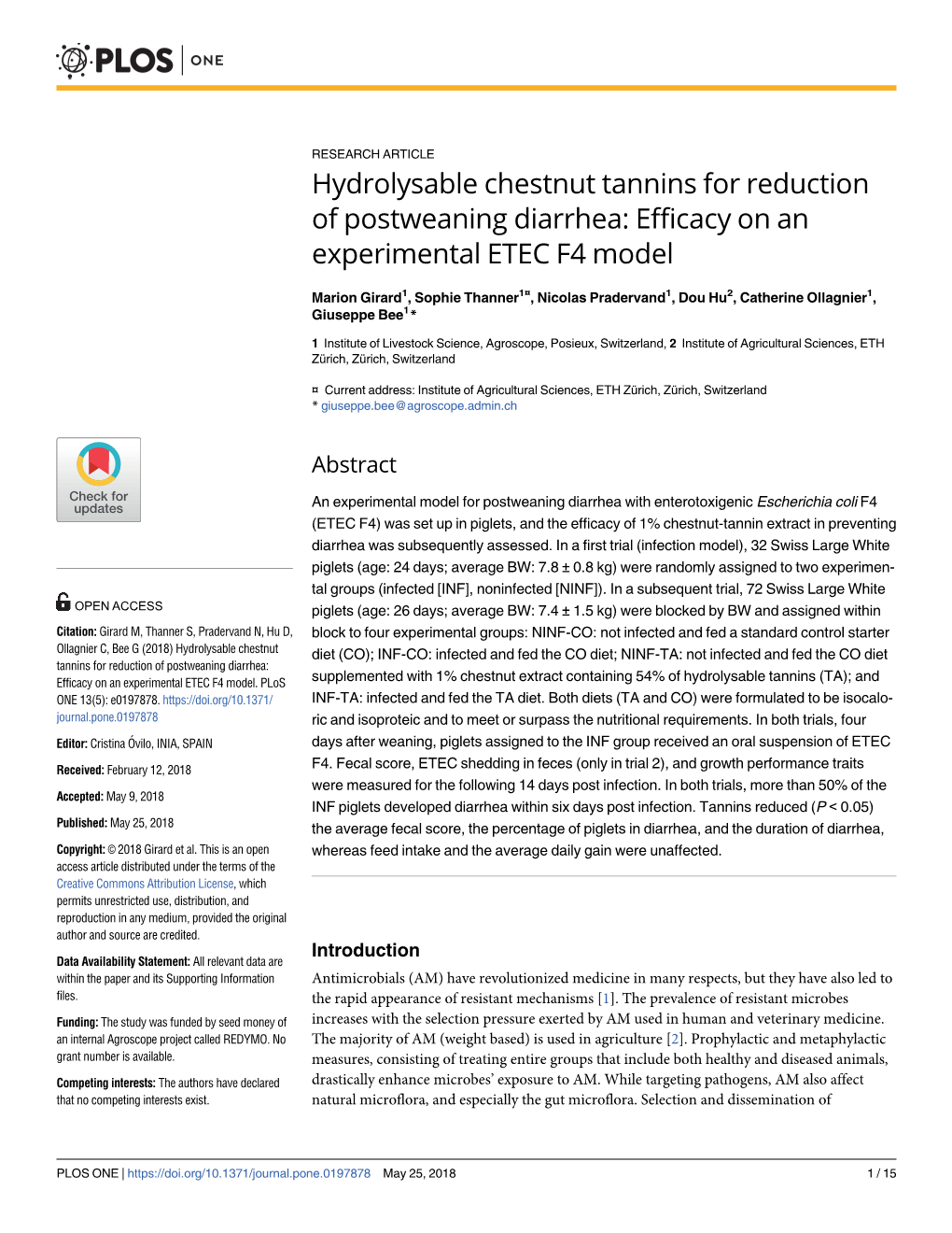 Hydrolysable Chestnut Tannins for Reduction of Postweaning Diarrhea: Efficacy on an Experimental ETEC F4 Model