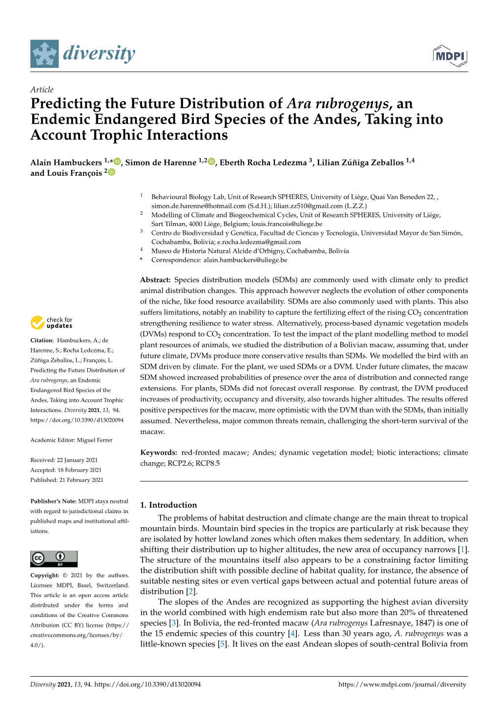 Predicting the Future Distribution of Ara Rubrogenys, an Endemic Endangered Bird Species of the Andes, Taking Into Account Trophic Interactions