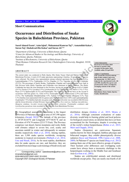 Occurrence and Distribution of Snake Species in Balochistan Province, Pakistan