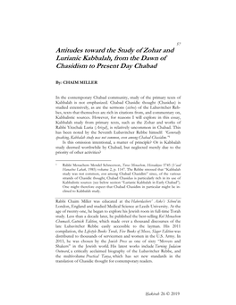 Attitudes Toward the Study of Zohar and Lurianic Kabbalah, from the Dawn of Chasidism to Present Day Chabad