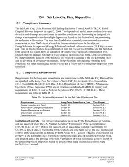 15.0 Salt Lake City, Utah, Disposal Site 15.1 Compliance Summary