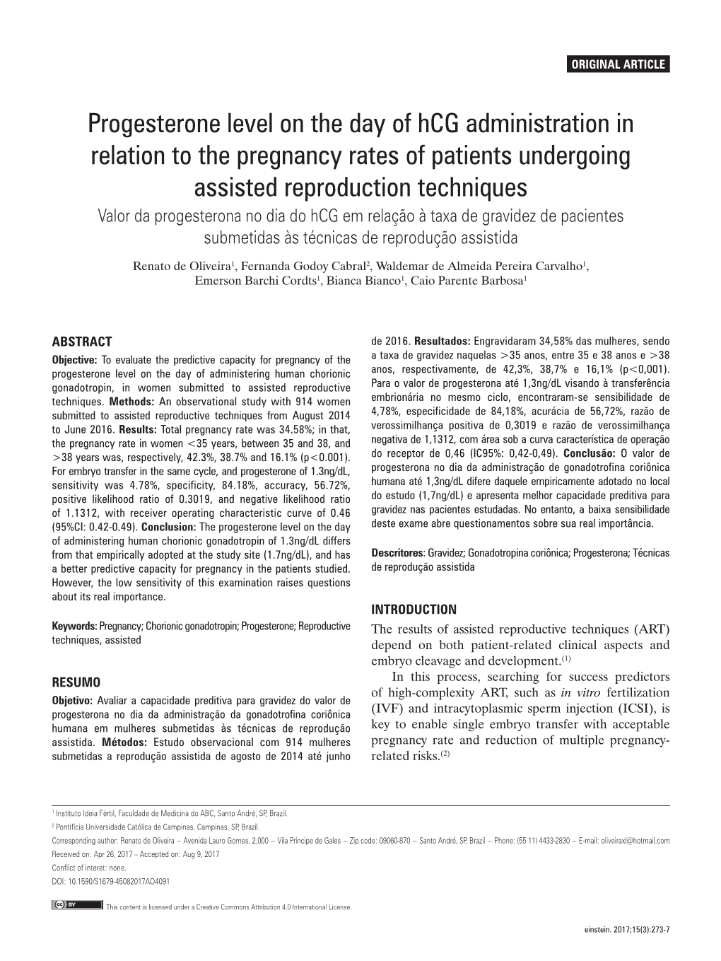 Progesterone Level on the Day of Hcg Administration in Relation