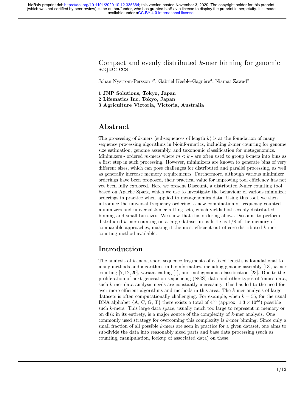 Compact and Evenly Distributed K-Mer Binning for Genomic Sequences