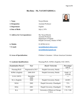 Bio-Data – Ms. NAVJOT KHOSLA