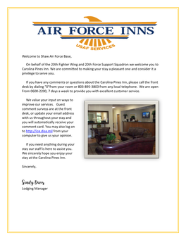 Welcome to Shaw Air Force Base, on Behalf of the 20Th Fighter Wing And