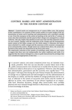 Control Marks and Mint Administration in the Fourth Century Ad