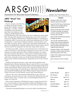 Newsletter Association for Recorded Sound Collections Number 136 • Fall/Winter 2014 ARSC “Steels” Into Events December 4-6, 2014