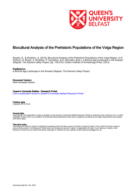 Biocultural Analysis of the Prehistoric Populations of the Volga Region