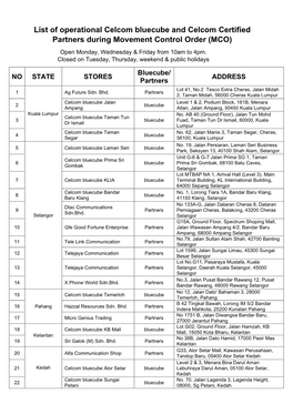 List of Operational Celcom Bluecube and Celcom Certified Partners During Movement Control Order (MCO) Open Monday, Wednesday & Friday from 10Am to 4Pm