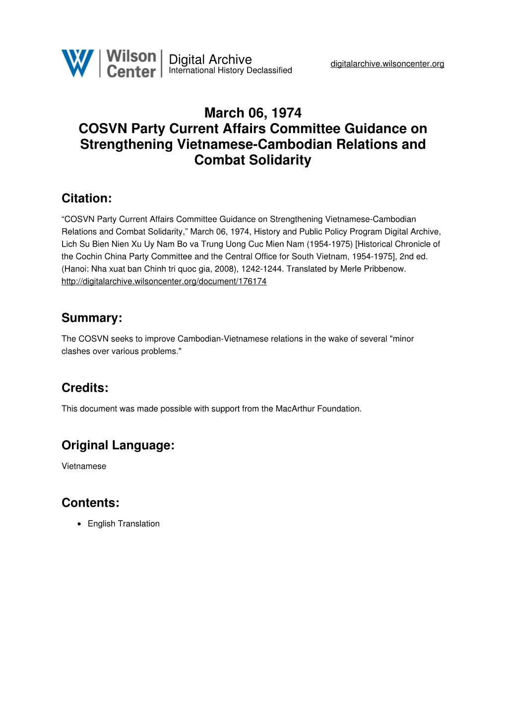 March 06, 1974 COSVN Party Current Affairs Committee Guidance on Strengthening Vietnamese-Cambodian Relations and Combat Solidarity