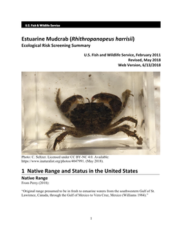 Estuarine Mudcrab (Rhithropanopeus Harrisii) Ecological Risk Screening Summary
