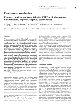 Post-Transplant Complications Pulmonary Toxicity Syndrome Following CDEP (Cyclophosphamide, Dexamethasone, Etoposide, Cisplatin) Chemotherapy