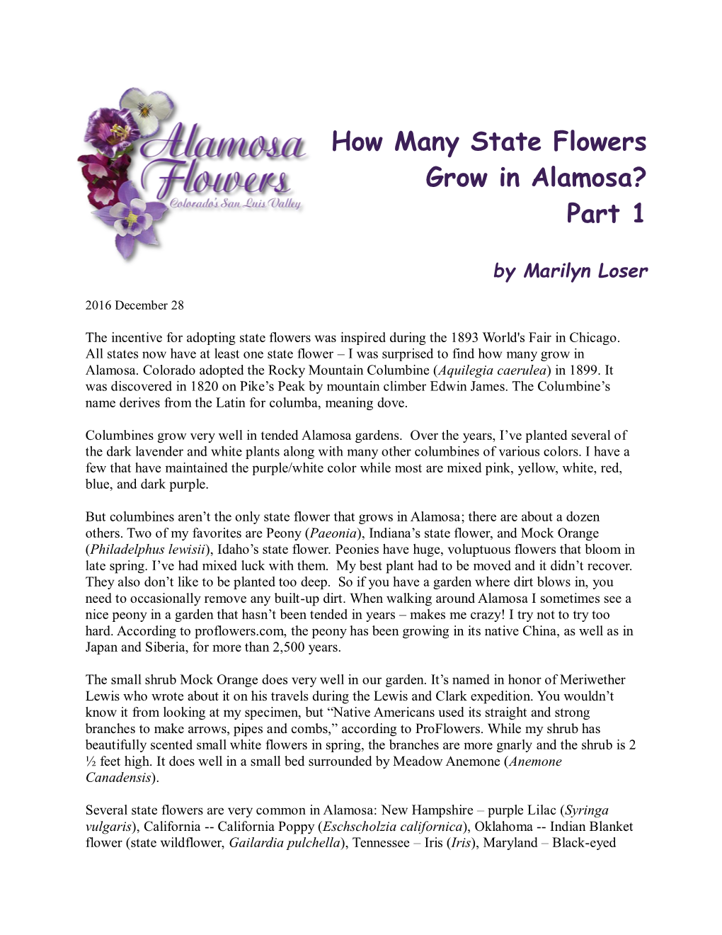 How Many State Flowers Grow in Alamosa? Part 1