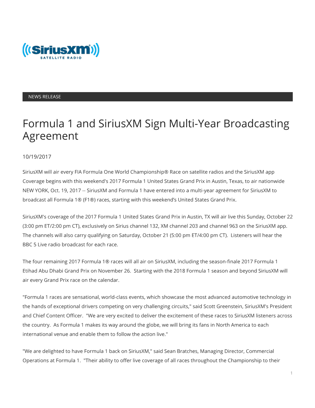 Formula 1 and Siriusxm Sign Multi-Year Broadcasting Agreement