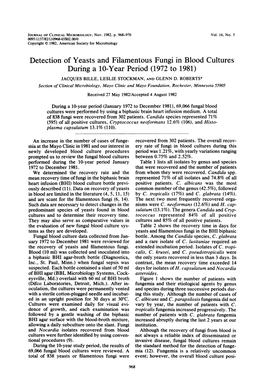 Detection of Yeasts and Filamentous Fungi in Blood Cultures During a 10-Year Period (1972 to 1981) JACQUES BILLE, LESLIE STOCKMAN, and GLENN D