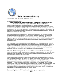 Idaho Democratic Party News Releas E Fro M Th E Idaho Democra Tic Par Ty