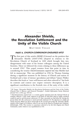 Alexander Shields, the Revolution Settlement and the Unity of the Visible Church