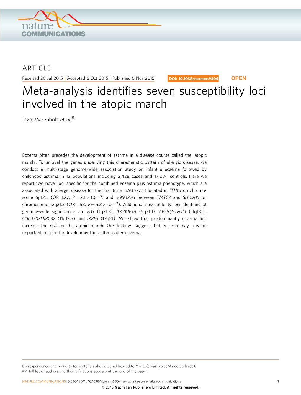 Meta-Analysis Identifies Seven Susceptibility Loci Involved in the Atopic March