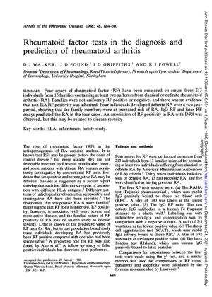 Rheumatoid Factor Tests in the Diagnosis and Prediction of Rheumatoid Arthritis