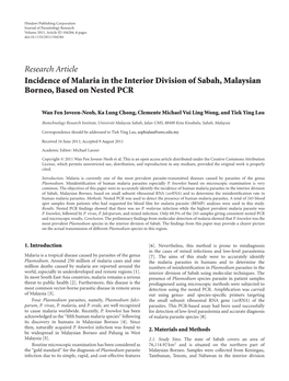 Research Article Incidence of Malaria in the Interior Division of Sabah, Malaysian Borneo, Based on Nested PCR