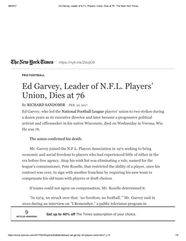 Ed Garvey, Leader of N.F.L. Players' Union, Dies at 76
