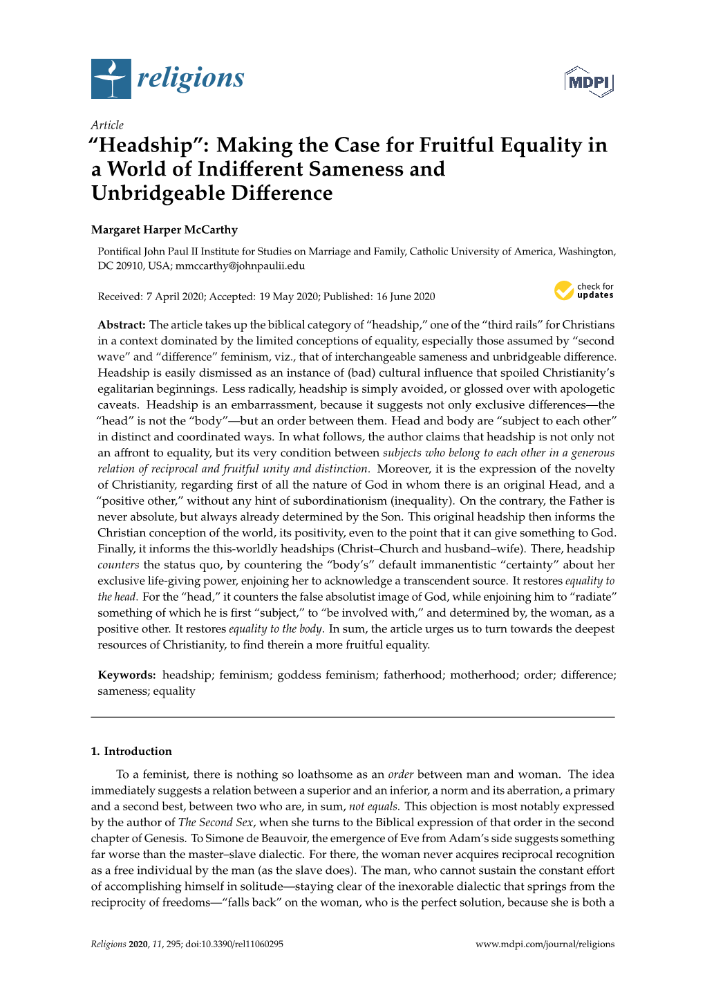 “Headship”: Making the Case for Fruitful Equality in a World of Indiﬀerent Sameness and Unbridgeable Diﬀerence