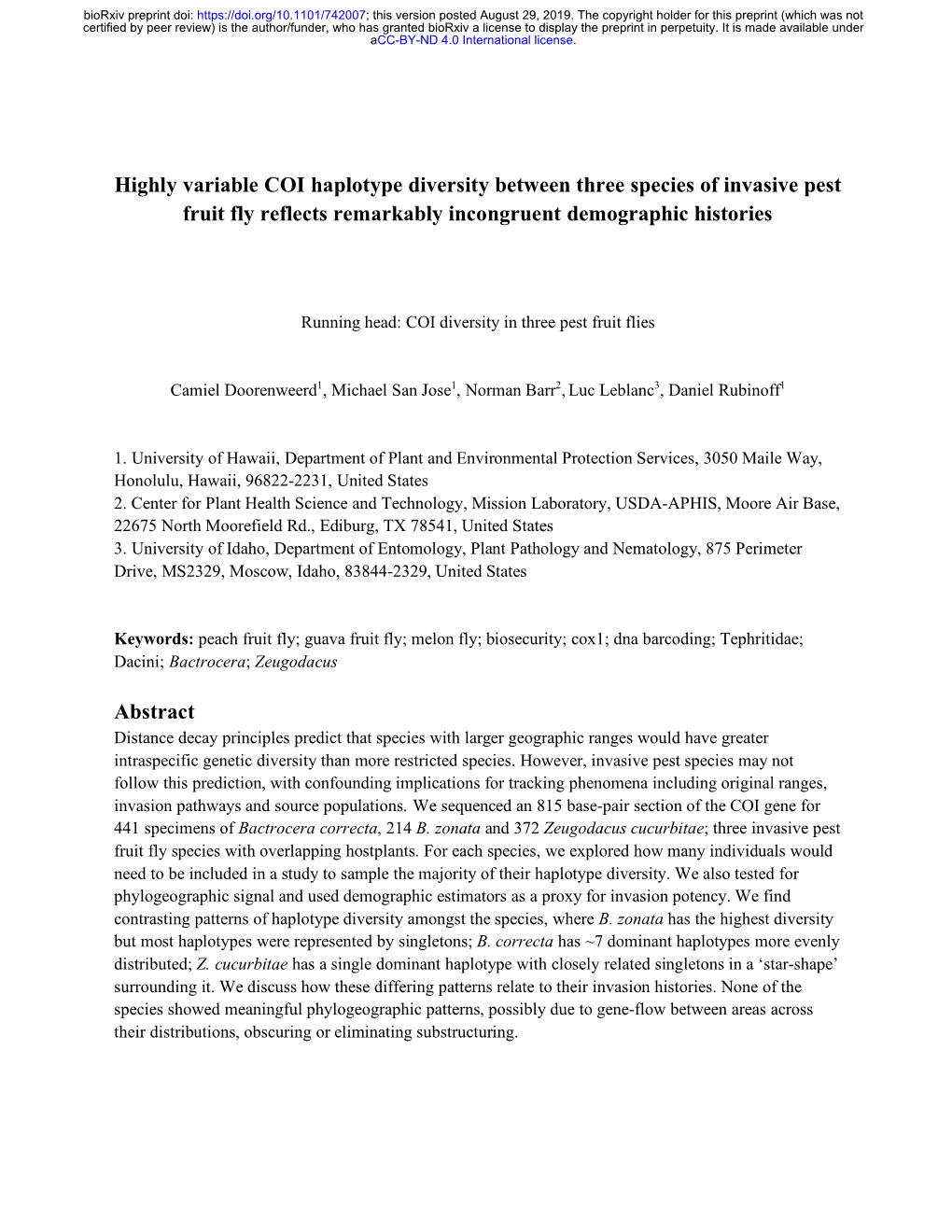 Highly Variable COI Haplotype Diversity Between Three Species of Invasive Pest Fruit Fly Reflects Remarkably Incongruent Demographic Histories