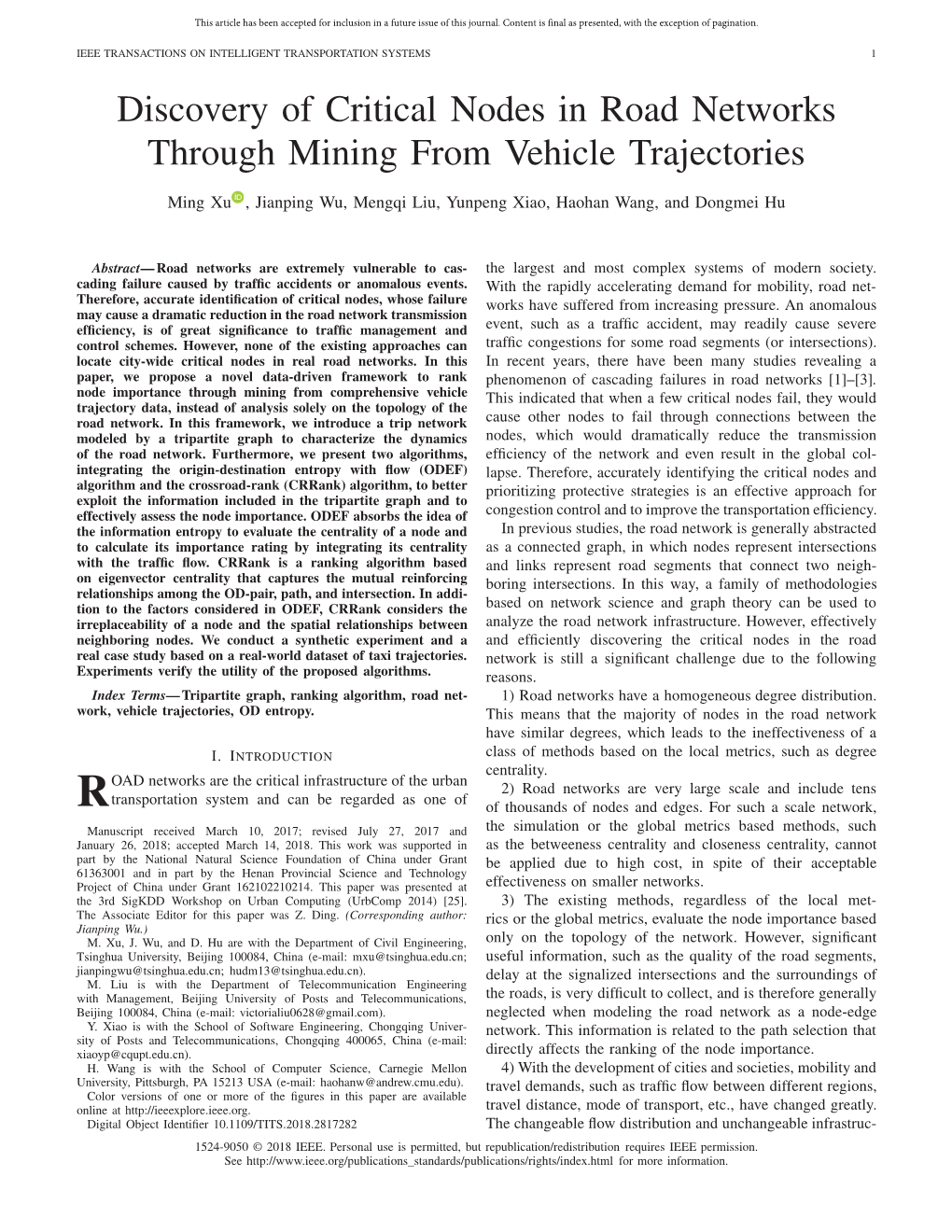 Discovery of Critical Nodes in Road Networks Through Mining from Vehicle Trajectories
