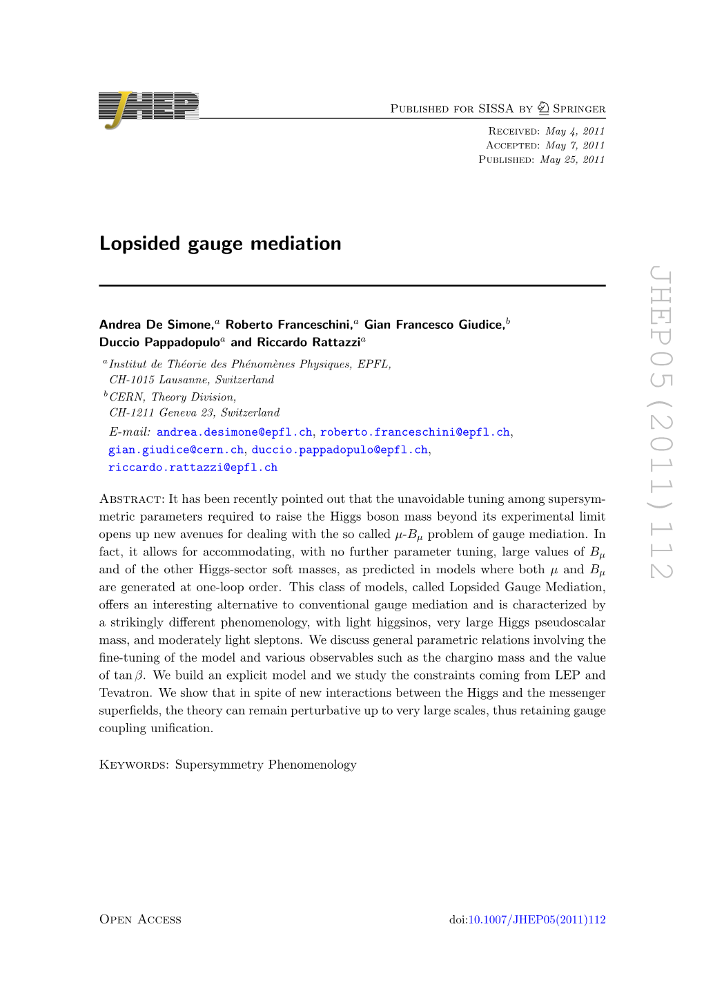 Lopsided Gauge Mediation JHEP05(2011)112 7 8 (1.1) Originate Is a Gauge Μ G B