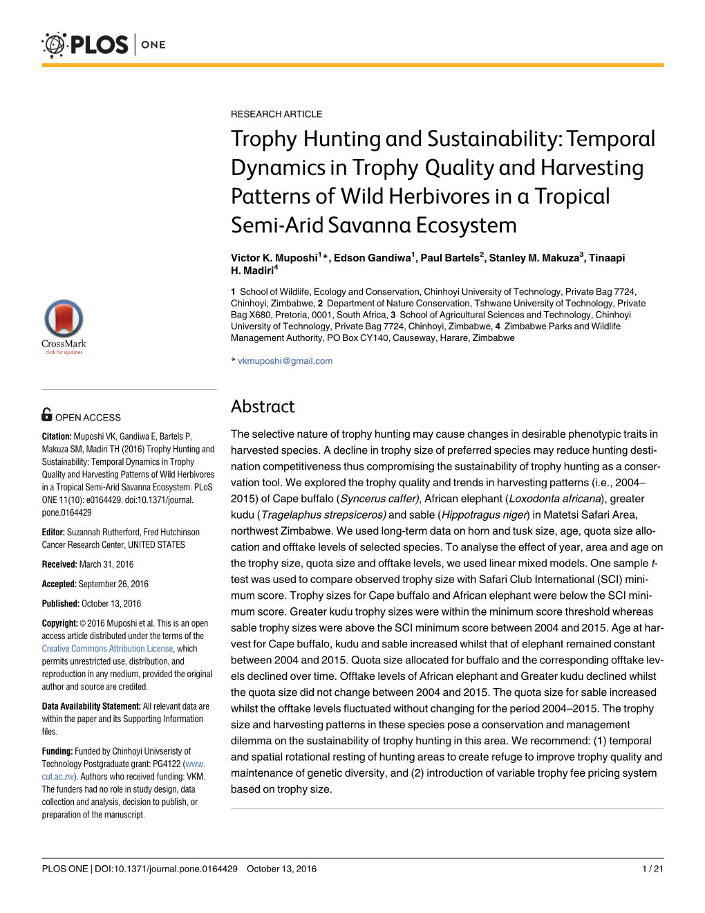 Temporal Dynamics in Trophy Quality and Harvesting Patterns of Wild Herbivores in a Tropical Semi-Arid Savanna Ecosystem