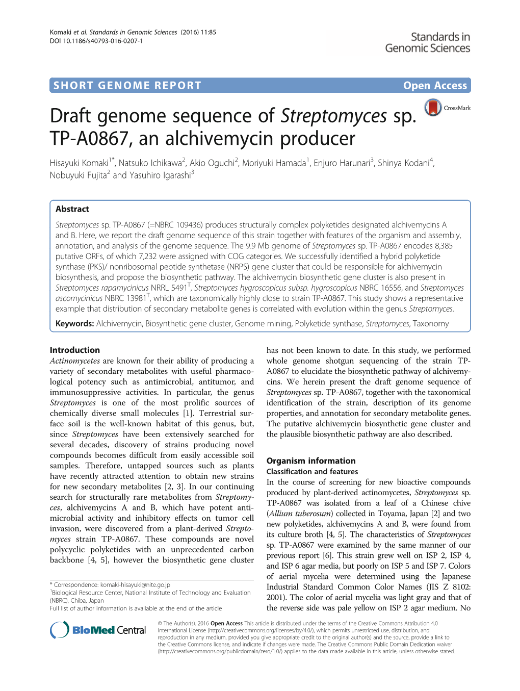 Draft Genome Sequence of Streptomyces Sp. TP-A0867, An